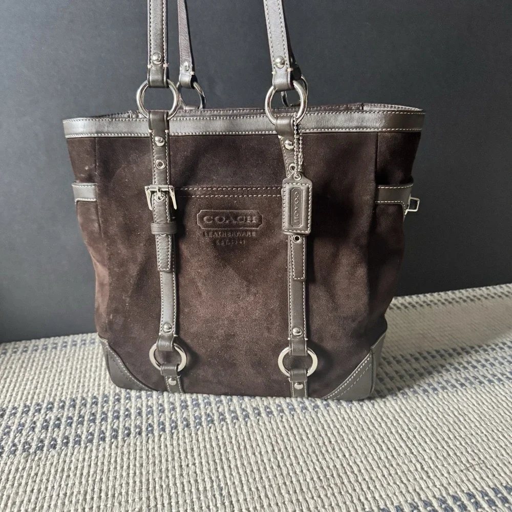 Coach Chocolate Brown Suede/Leather Trim Tote Handbag F12834